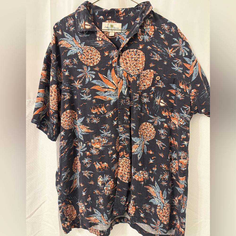 Mens Tropical Pineapple Short-Sleeve Button-Down Shirt - Black/Orange, 100% Silk